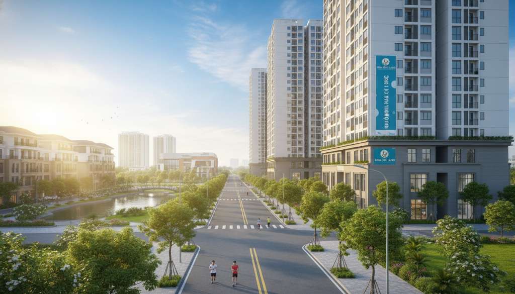 Khu nội đô chung cư cao tầng vào buổi sáng sớm, cư dân đi bộ tập thể dục trên đường nội khu sạch sẽ, cây xanh hai bên, ánh nắng sớm dịu nhẹ, không khí yên bình, phong cách nhiếp ảnh lifestyle chân thực, tông màu ấm, 4K