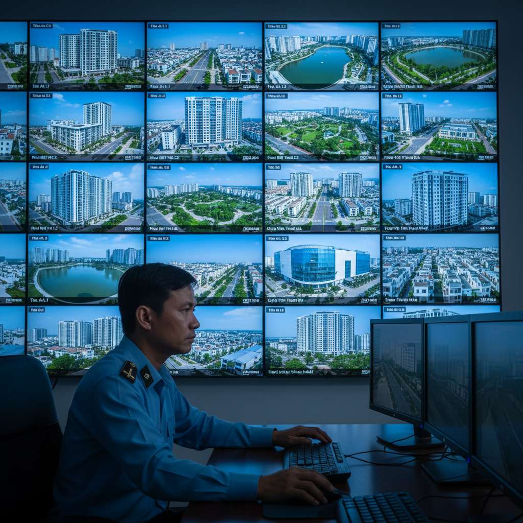 Màn hình giám sát an ninh chia nhiều ô hiển thị hình ảnh từ camera CCTV trong tòa nhà chung cư, nhân viên bảo vệ ngồi theo dõi, ánh sáng xanh từ màn hình chiếu lên khuôn mặt tập trung, phong cách ảnh phóng sự, tông tối chuyên nghiệp, 4K