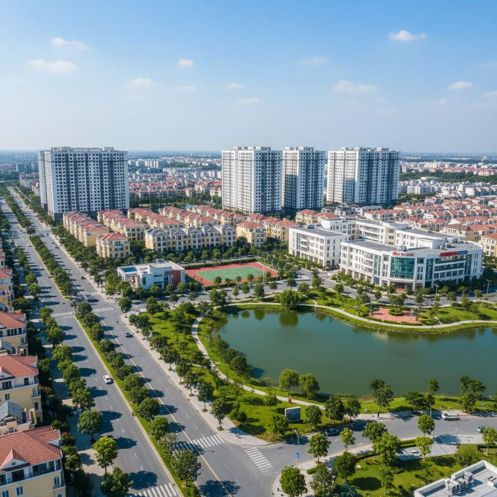 Con đường nội khu chung cư cao tầng buổi tối với hệ thống đèn chiếu sáng công cộng hiện đại, bóng đèn LED trắng sáng đều hai bên, vài cư dân đi dạo, cây xanh được chiếu sáng trang trí, phong cách ảnh kiến trúc đô thị ban đêm, tông xanh dương và vàng ấm, 4K