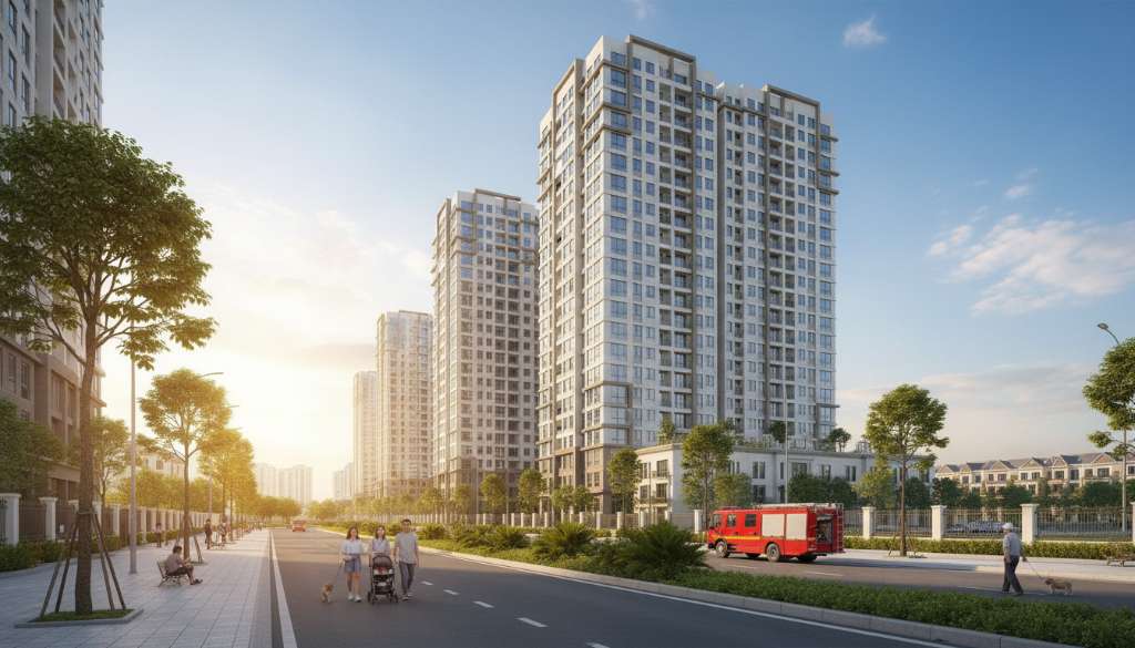 Dãy tòa chung cư cao tầng hiện đại tại khu đô thị lớn ở Hà Nội, nhìn từ con đường nội khu rộng rãi có dải phân cách cây xanh, trời xanh trong, ánh nắng chiều vàng ấm, một vài cư dân đang đi bộ trên vỉa hè, xe cứu hỏa đỏ đậu gọn bên đường nội bộ, chất lượng 4K, phong cách nhiếp ảnh đô thị