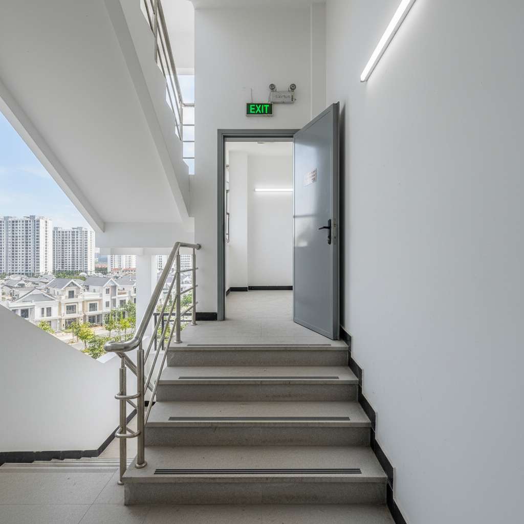 Cầu thang bộ thoát hiểm bên trong tòa chung cư cao tầng, cửa thép chống cháy màu xám mở ra hành lang, phía trên cửa có đèn EXIT xanh lá phát sáng, tường sơn trắng sạch sẽ, tay vịn inox sáng bóng, đèn chiếu sáng sự cố gắn trên tường, góc chụp nhìn từ bên trong buồng thang lên trên, ánh sáng nhân tạo trắng, chất lượng 4K
