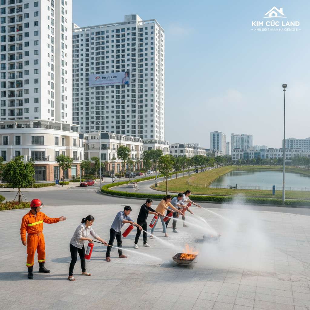 Buổi diễn tập phòng cháy chữa cháy tại sân khu chung cư, một nhóm cư dân Việt Nam đang thực hành sử dụng bình chữa cháy bột phun vào đám lửa nhỏ trên khay sắt, lính cứu hỏa mặc đồ bảo hộ màu cam đứng hướng dẫn bên cạnh, phía sau là tòa chung cư cao tầng, trời nắng nhẹ, không khí sinh hoạt cộng đồng, chất lượng 4K, phong cách phóng sự