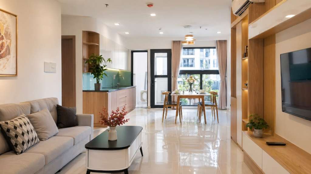Nội thất phòng khách liên thông bếp và khu ăn uống hiện đại