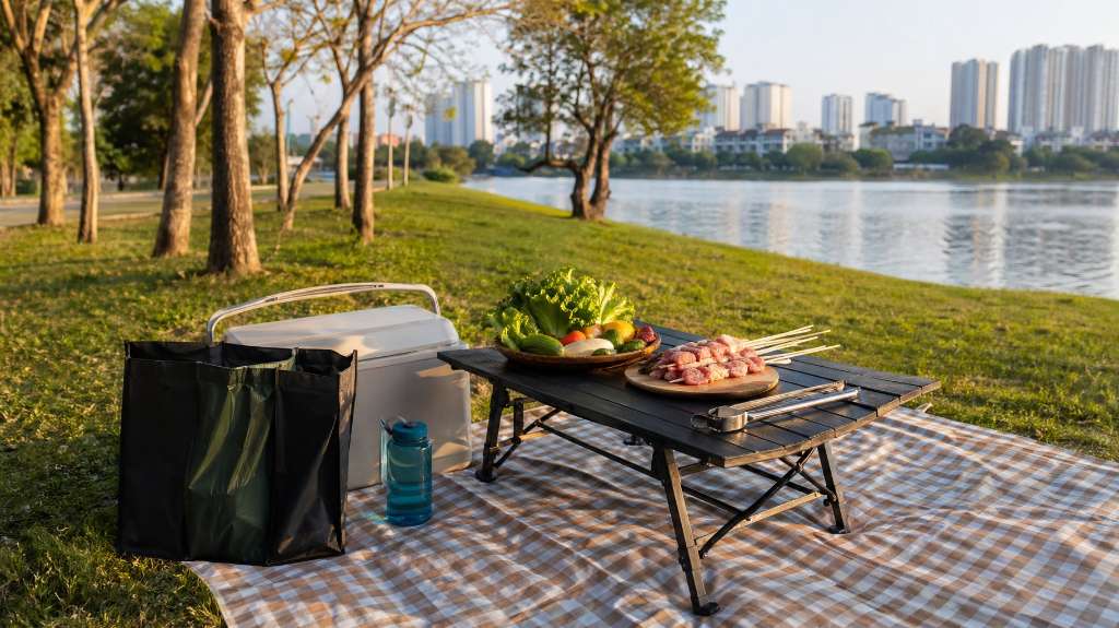 Khu vực nướng BBQ ngoài trời bên hồ tại Thanh Hà