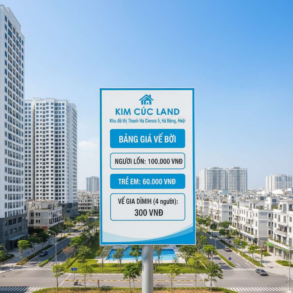 Bảng giá vé được thiết kế đồ họa phẳng (flat design) với các ô màu xanh dương và trắng, hiển thị các mức giá vé bơi dành cho người lớn, trẻ em, vé gia đình, font chữ tiếng Việt rõ ràng, nền sáng, phong cách infographic chuyên nghiệp, 4K