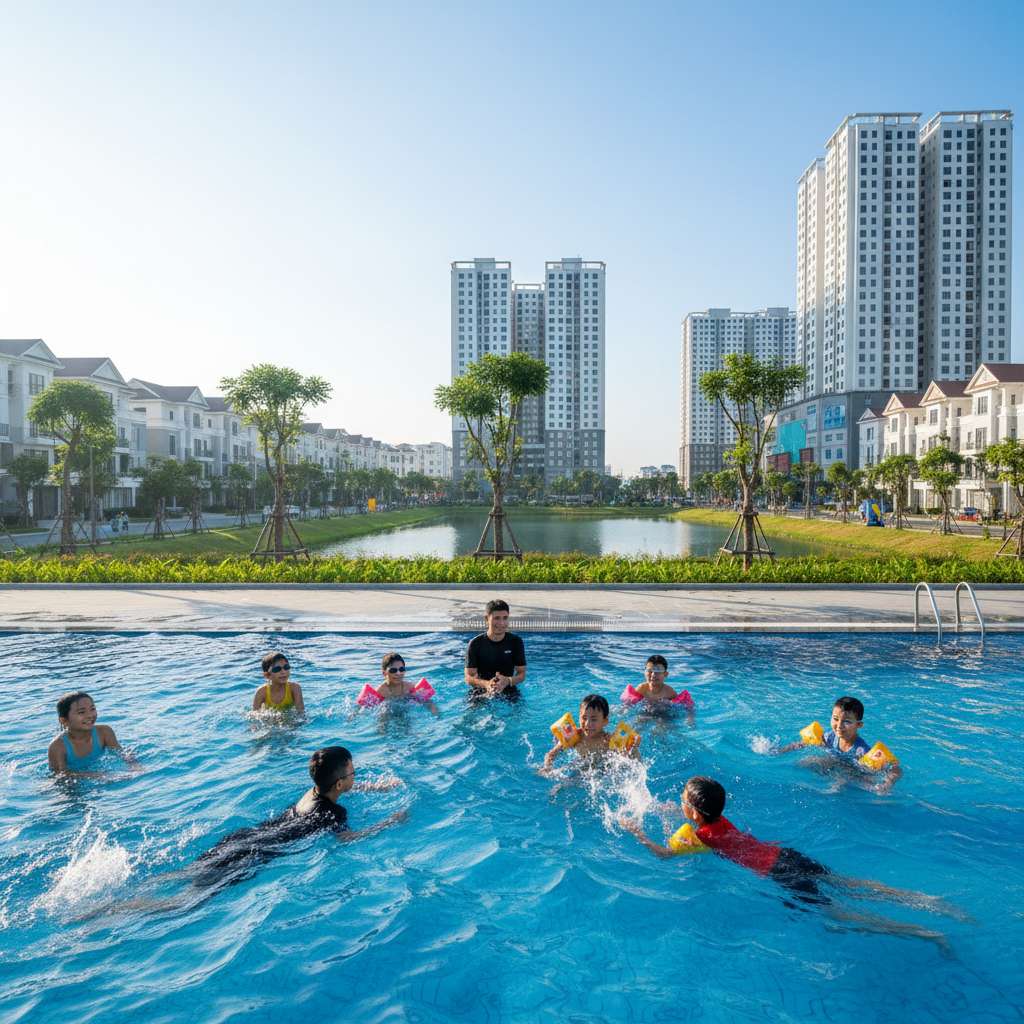 Huấn luyện viên bơi lội đang hướng dẫn nhóm trẻ em Việt Nam khoảng 7-10 tuổi tập bơi trong bể ngoài trời, trẻ đeo kính bơi và phao tay, nước trong xanh, ánh nắng buổi sáng chiếu xiên, bầu không khí vui vẻ năng động, phong cách nhiếp ảnh tự nhiên 4K