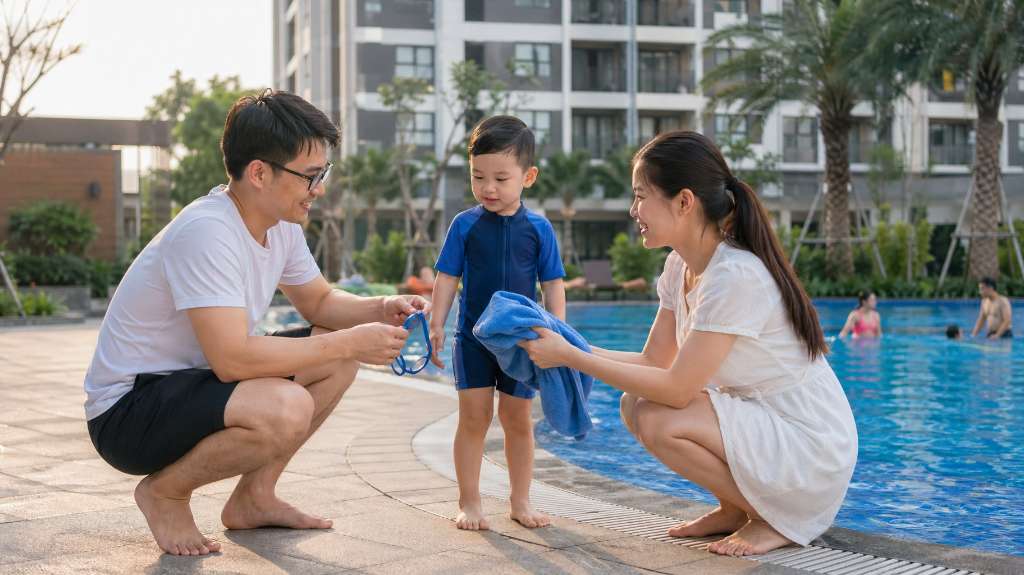 Gia đình trẻ vui chơi cùng con nhỏ bên hồ bơi