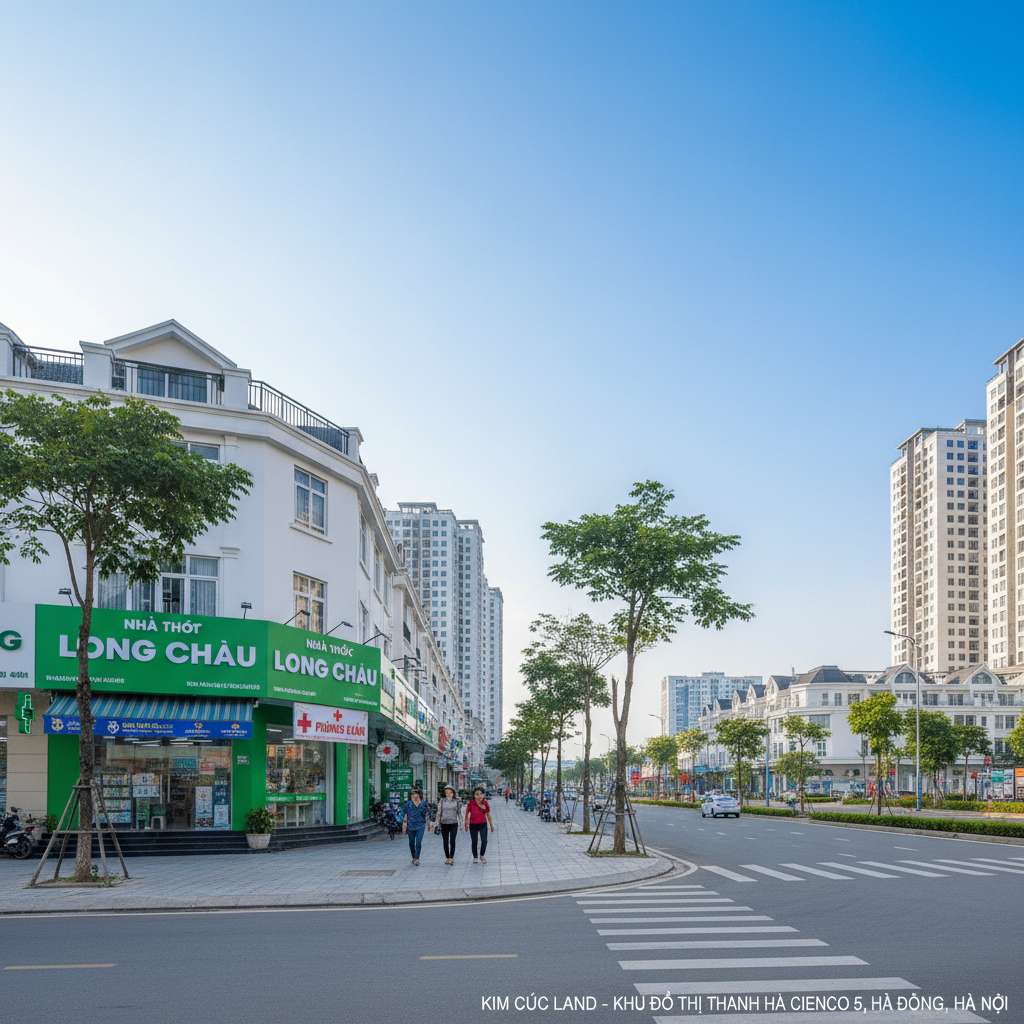Góc phố thương mại trong khu đô thị Thanh Hà vào buổi sáng, bên trái là cửa hàng nhà thuốc Long Châu với biển hiệu xanh lá đặc trưng, bên phải là phòng khám nhỏ với biển chữ thập, vỉa hè rộng sạch sẽ, vài cư dân đang đi bộ, phía xa là các tòa chung cư cao tầng, ánh sáng ban ngày tự nhiên, góc chụp đường phố ngang tầm mắt, phong cách ảnh đời thường chân thực.