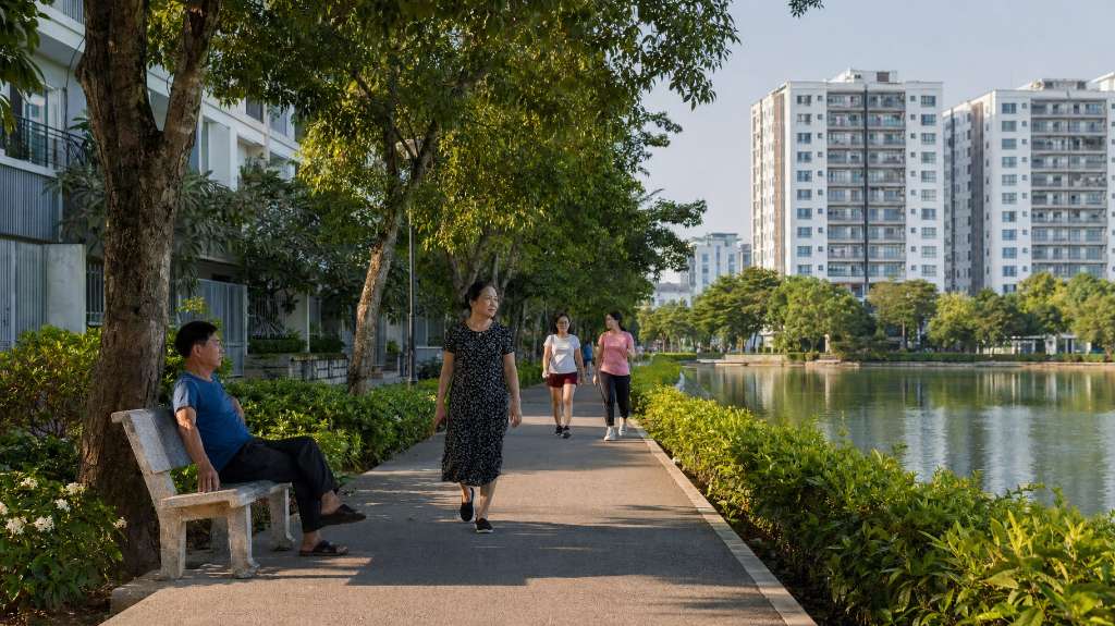 Người dân dạo bộ thư giãn ven hồ điều hòa Thanh Hà