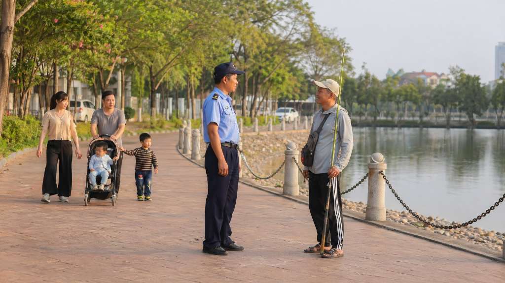 Bảo vệ nhắc nhở người câu cá tại hồ điều hòa Thanh Hà