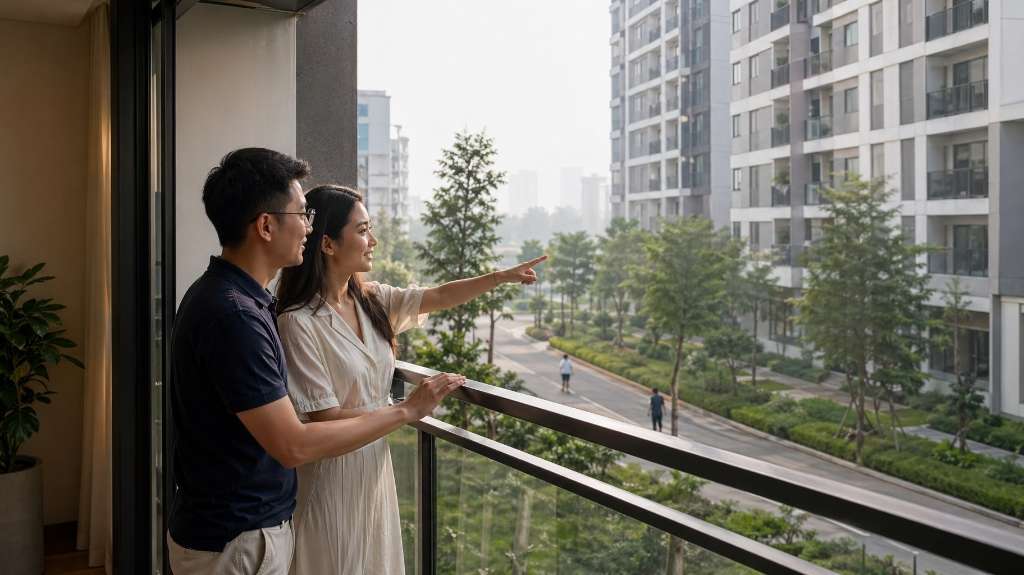 Cặp đôi đứng trên ban công ngắm nhìn khu đô thị xanh mát