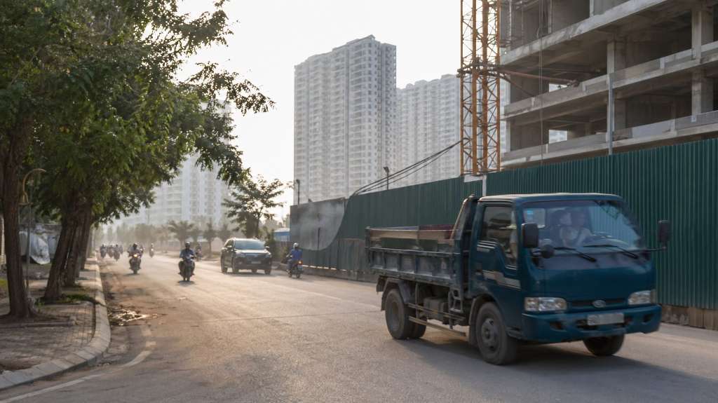 Xe tải và xe máy lưu thông trên đường công trường bụi mù.