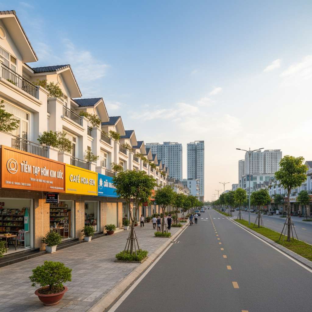 Dãy shophouse liền kề mặt đường nội khu khu đô thị Thanh Hà vào buổi chiều nắng nhẹ, tầng 1 mở cửa kinh doanh với biển hiệu đa dạng — tiệm tạp hóa, quán cà phê, cửa hàng hoa — vỉa hè sạch sẽ có cây xanh và người đi bộ, tầng trên là nhà ở với ban công có cây cảnh, góc chụp phối cảnh dọc dãy phố tạo chiều sâu, tông màu ấm áp tự nhiên, 4K