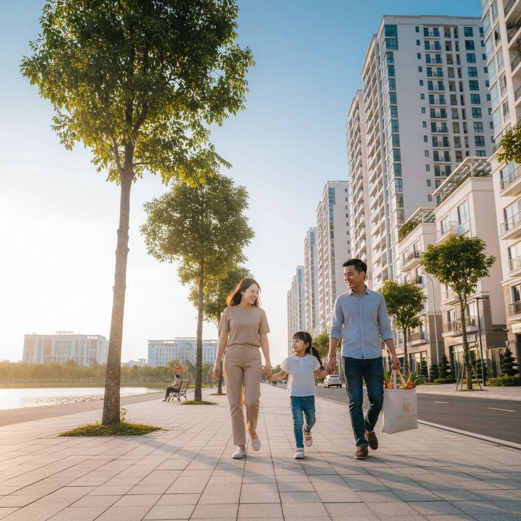 Gia đình Việt Nam trẻ gồm vợ chồng và con nhỏ khoảng 4 tuổi đang đi bộ trên vỉa hè nội khu khu đô thị Thanh Hà, tay xách túi thực phẩm từ chợ, phía sau là dãy chung cư cao tầng và hàng cây xanh, ánh nắng chiều dịu, không khí vui vẻ thoải mái, góc chụp từ phía trước hơi thấp ngang tầm trẻ em, tông màu ấm vàng cam, 4K