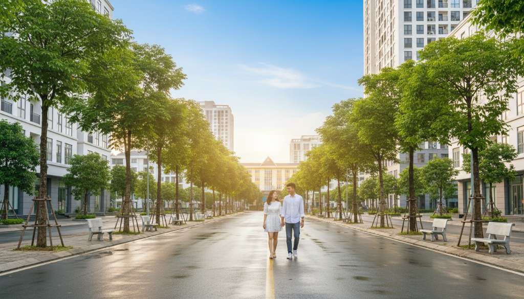 Cặp vợ chồng trẻ Việt Nam đang đi dạo trên con đường nội khu sạch sẽ sau cơn mưa, mặt đường ướt nhưng không đọng nước, hai bên là hàng cây xanh và ghế đá công viên, ánh sáng chiều dịu nhẹ xuyên qua tán lá, phong cách nhiếp ảnh lifestyle tự nhiên 4K