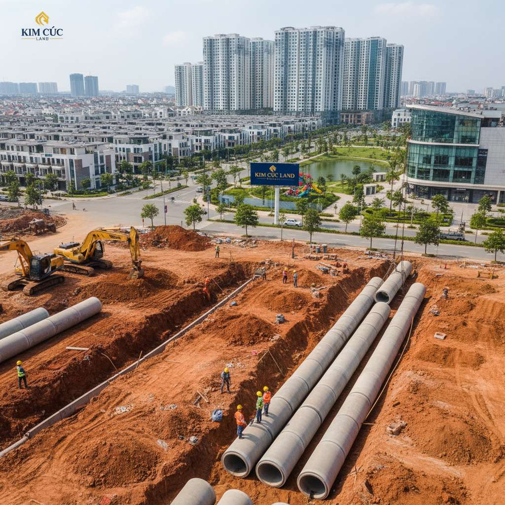 Hệ thống ống cống thoát nước lớn đang được lắp đặt tại công trường xây dựng đô thị, công nhân đội mũ bảo hộ đang giám sát, nền đất đỏ và máy móc xây dựng phía sau, ánh sáng ban ngày tự nhiên, phong cách nhiếp ảnh công trình 4K