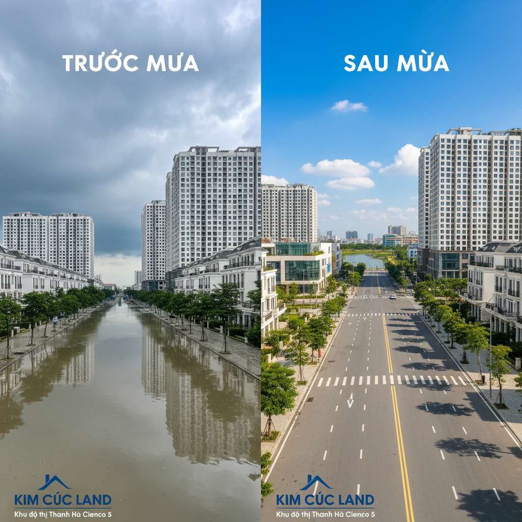 Hai hình ảnh chia đôi màn hình theo kiểu so sánh trước-sau, bên trái là con đường đô thị ngập nước mưa ngang bánh xe, bên phải là con đường tương tự sạch sẽ khô ráo sau mưa, tông màu tương phản rõ rệt, phong cách nhiếp ảnh báo chí 4K