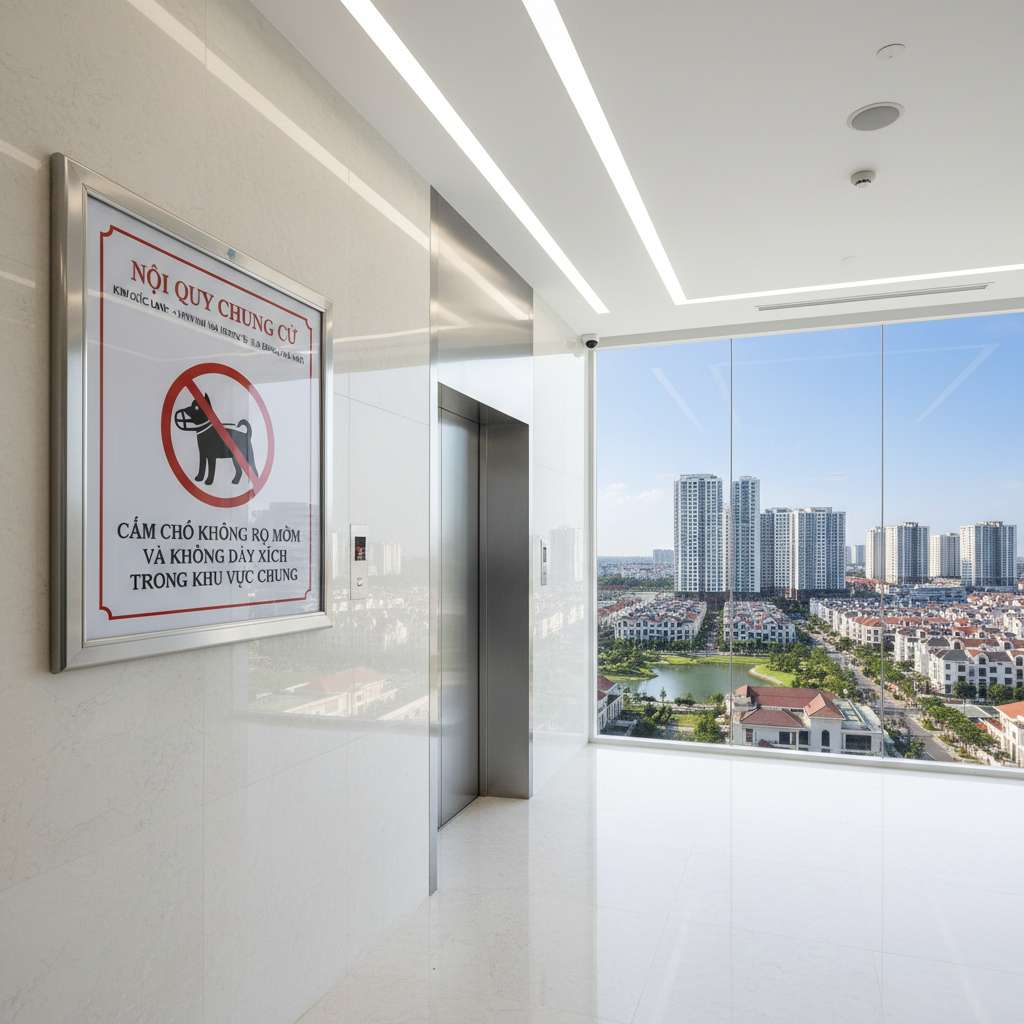 Một tấm bảng thông báo nội quy treo trong sảnh chung cư hiện đại, bên cạnh là thang máy sáng sủa. Bảng thông báo có biểu tượng minh họa chó đeo rọ mõm và dây xích. Ánh đèn LED trắng sáng, sảnh sạch sẽ với sàn đá bóng. Phong cách chụp tài liệu – kiến trúc, góc nghiêng 45 độ, rõ nét, 4K.