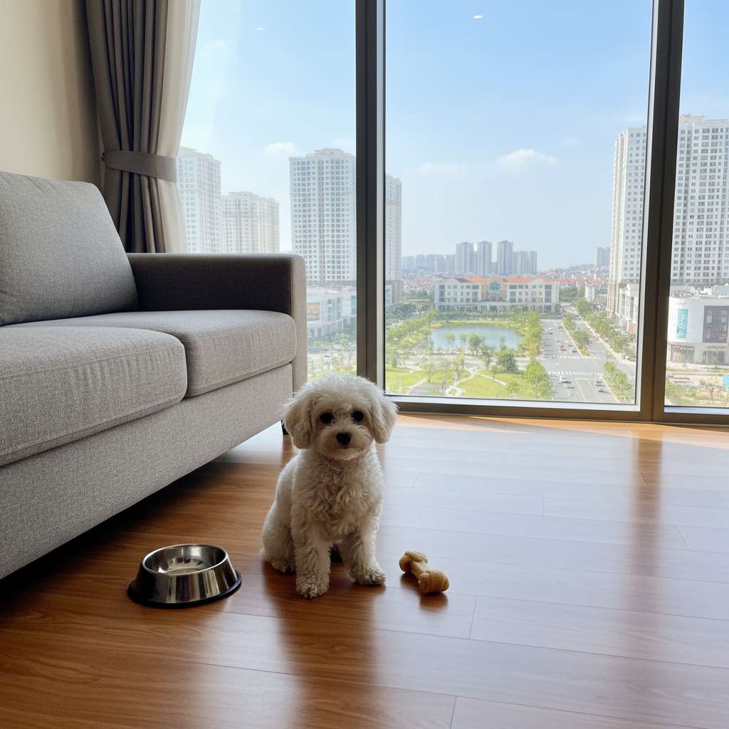 Một chú chó Poodle trắng nhỏ (Toy Poodle) đang ngồi ngoan trên sàn gỗ căn hộ chung cư hiện đại, bên cạnh là bát ăn inox nhỏ và đồ chơi gặm. Phía sau là sofa vải xám và cửa sổ kính lớn, ánh sáng tự nhiên ấm áp. Góc chụp thấp ngang tầm mắt chó, phong cách nhiếp ảnh pet photography chuyên nghiệp, bokeh đẹp, 4K.