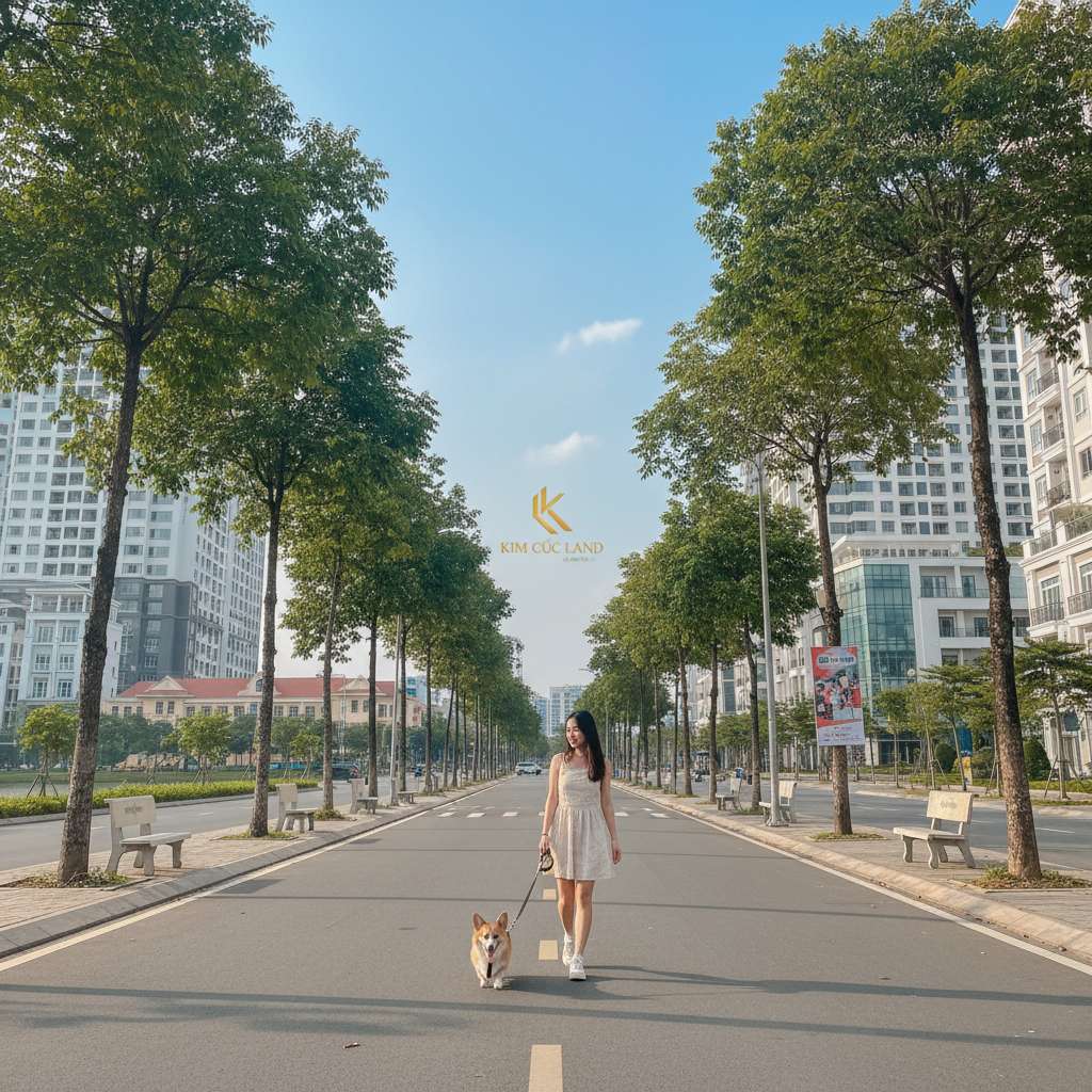 Một người phụ nữ Việt Nam trẻ tuổi đang dắt chú chó Corgi đeo rọ mõm và dây xích đi dạo trên con đường nội khu sạch đẹp, hai bên là hàng cây xanh và ghế đá công viên. Ánh nắng chiều dịu nhẹ xuyên qua tán lá, không gian thoáng đãng, yên bình. Phong cách nhiếp ảnh đường phố lifestyle, góc chụp toàn thân, tông màu ấm, 4K.