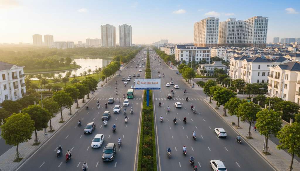 Cảnh giao thông đô thị Hà Nội vào buổi sáng sớm, xe máy và ô tô di chuyển trên đại lộ rộng rãi, hai bên là hàng cây xanh và các tòa chung cư cao tầng, ánh sáng ban mai dịu nhẹ, phong cách chụp thực tế editorial 4K, tông màu tự nhiên ấm áp