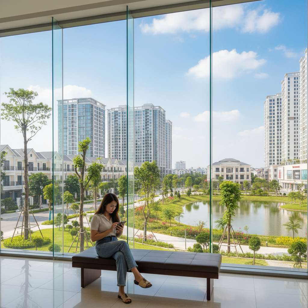 Người phụ nữ trẻ Việt Nam đang sử dụng điện thoại đặt xe công nghệ tại sảnh chung cư hiện đại, xung quanh là khuôn viên sạch sẽ có cây xanh, ánh sáng buổi sáng tự nhiên, phong cách lifestyle photography 4K, tông màu tươi sáng thân thiện