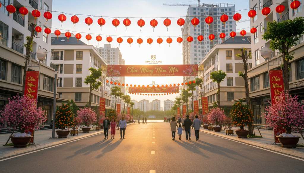 Con đường nội khu rộng rãi trong khu chung cư cao tầng được trang trí Tết, hai hàng đèn lồng đỏ treo trên cao, banner chúc mừng năm mới, cây đào và cây quất đặt dọc hai bên đường, cư dân đi dạo trong ánh chiều vàng, phong cách chụp ảnh đường phố chuyên nghiệp, tông ấm, 4K.