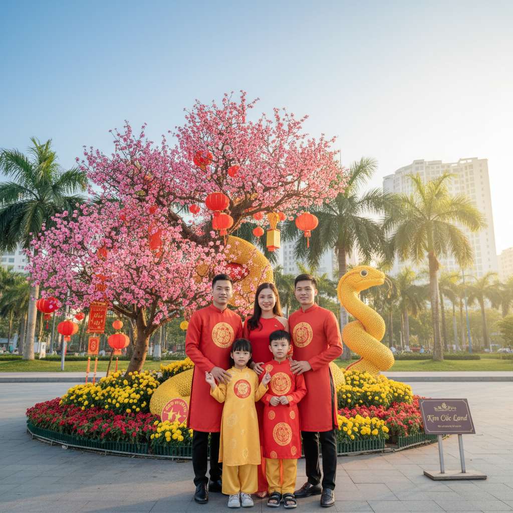 Gia đình trẻ Việt Nam gồm bố mẹ và hai con nhỏ mặc áo dài truyền thống đứng chụp ảnh trước tiểu cảnh Tết trong công viên, có cây đào hồng nở rộ, đèn lồng đỏ, linh vật con rắn vàng bằng hoa, nền là hàng cây xanh và chung cư mờ phía sau, ánh sáng chiều vàng dịu, phong cách chụp gia đình chuyên nghiệp, 4K.