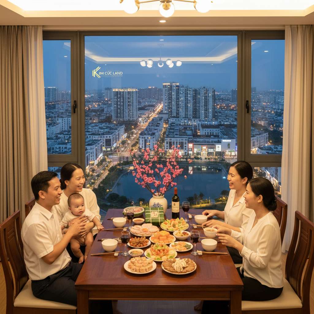 Gia đình Việt Nam ba thế hệ quây quần bên mâm cỗ Tết truyền thống trong phòng khách căn hộ chung cư hiện đại, cửa sổ kính lớn nhìn ra thành phố về đêm, bàn ăn có bánh chưng, giò, hoa đào, ánh đèn ấm vàng, không khí sum vầy hạnh phúc, phong cách chụp lifestyle gia đình, 4K.