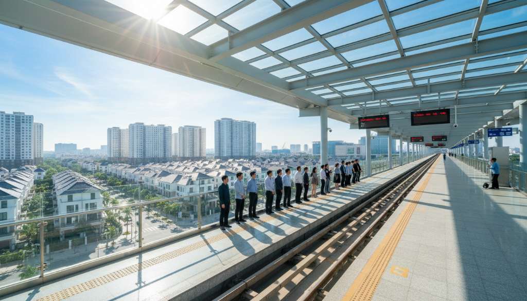 Ga tàu metro trên cao hiện đại vào buổi sáng, hành khách đang xếp hàng chờ tàu trên sân ga sạch sẽ, ánh nắng sớm chiếu xuyên qua mái kính, phong cách nhiếp ảnh kiến trúc đô thị, 4K, góc chụp rộng dọc sân ga