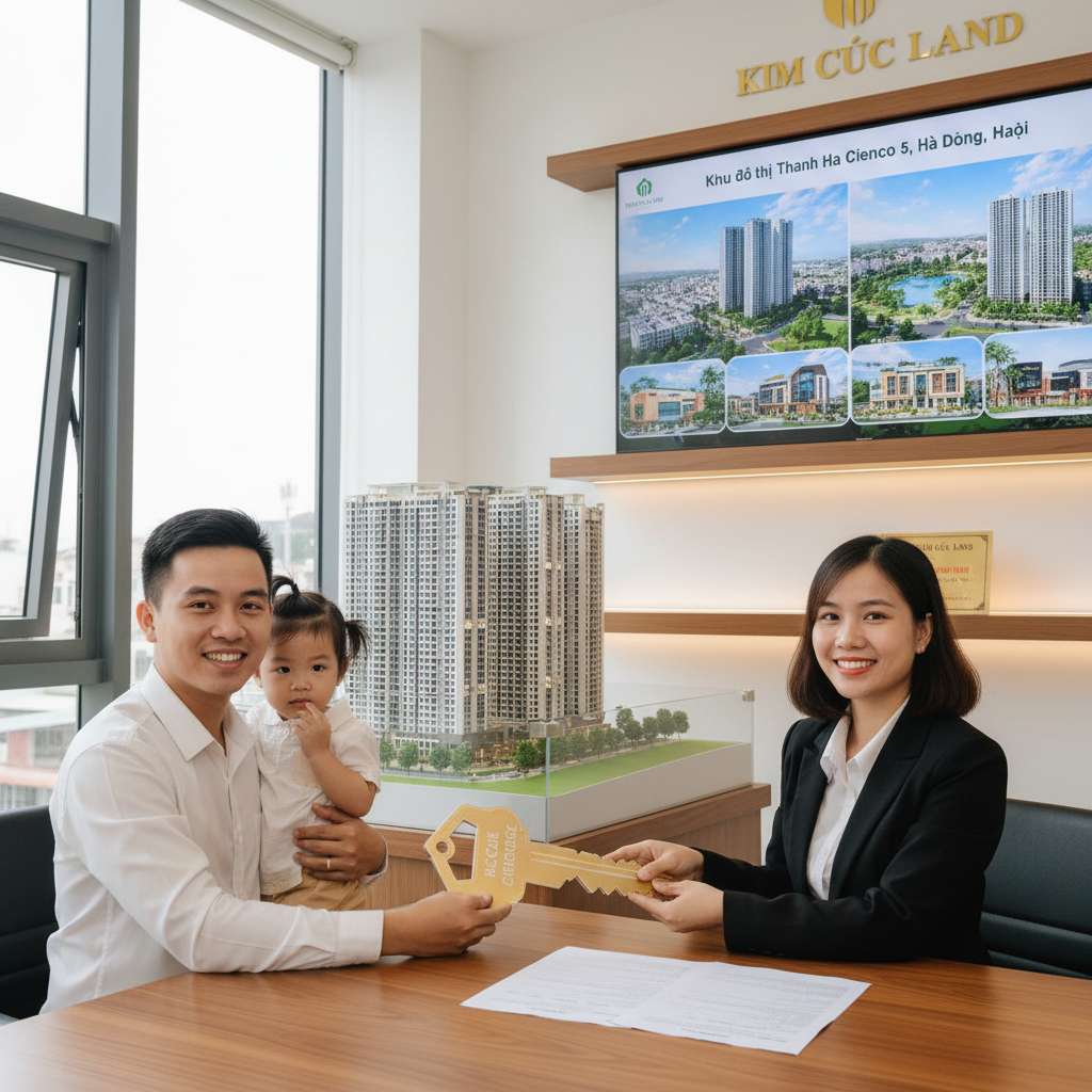 Gia đình trẻ Việt Nam vui vẻ nhận chìa khóa căn hộ mới từ nhân viên tư vấn bất động sản trong văn phòng giao dịch sáng sủa, hiện đại, có bàn ký hợp đồng và mô hình tòa nhà trên kệ, phong cách nhiếp ảnh thương mại, 4K, ánh sáng studio ấm áp