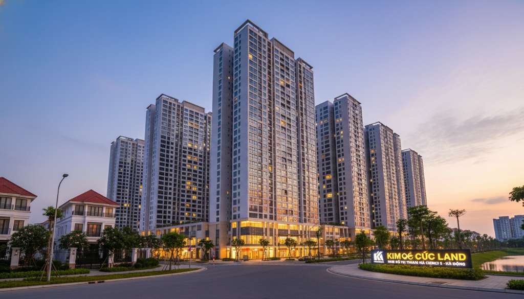 Dãy tòa nhà chung cư cao tầng hiện đại vào buổi chiều tà, ánh hoàng hôn vàng ấm phản chiếu trên mặt kính tòa nhà, khu vực sảnh tầng trệt sáng đèn, cây xanh viền quanh chân tòa nhà, góc chụp từ dưới lên tạo cảm giác vững chãi, phong cách nhiếp ảnh kiến trúc đô thị, 4K