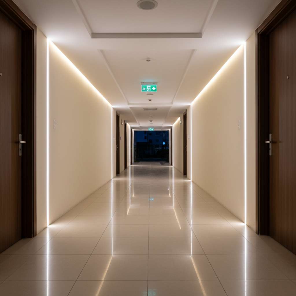 Hành lang chung cư cao tầng hiện đại vào ban đêm, đèn LED chiếu sáng dự phòng phát ánh sáng trắng ấm dọc hai bên tường, sàn gạch sạch sẽ phản chiếu ánh đèn, biển báo thoát hiểm xanh lá sáng rõ ở cuối hành lang, cửa căn hộ hai bên đóng gọn gàng, không gian yên tĩnh và an toàn, góc chụp phối cảnh 1 điểm tụ, phong cách nhiếp ảnh kiến trúc nội thất, 4K