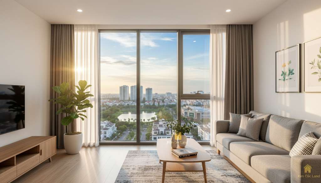 Phòng khách căn hộ chung cư hiện đại tầng cao, cửa kính lớn từ sàn đến trần nhìn ra thành phố, ánh nắng chiều vàng ấm tràn vào phòng. Nội thất tối giản phong cách Scandinavian, sofa xám, bàn trà gỗ, cây xanh trang trí. Chất lượng 4K, phong cách nhiếp ảnh nội thất chuyên nghiệp.