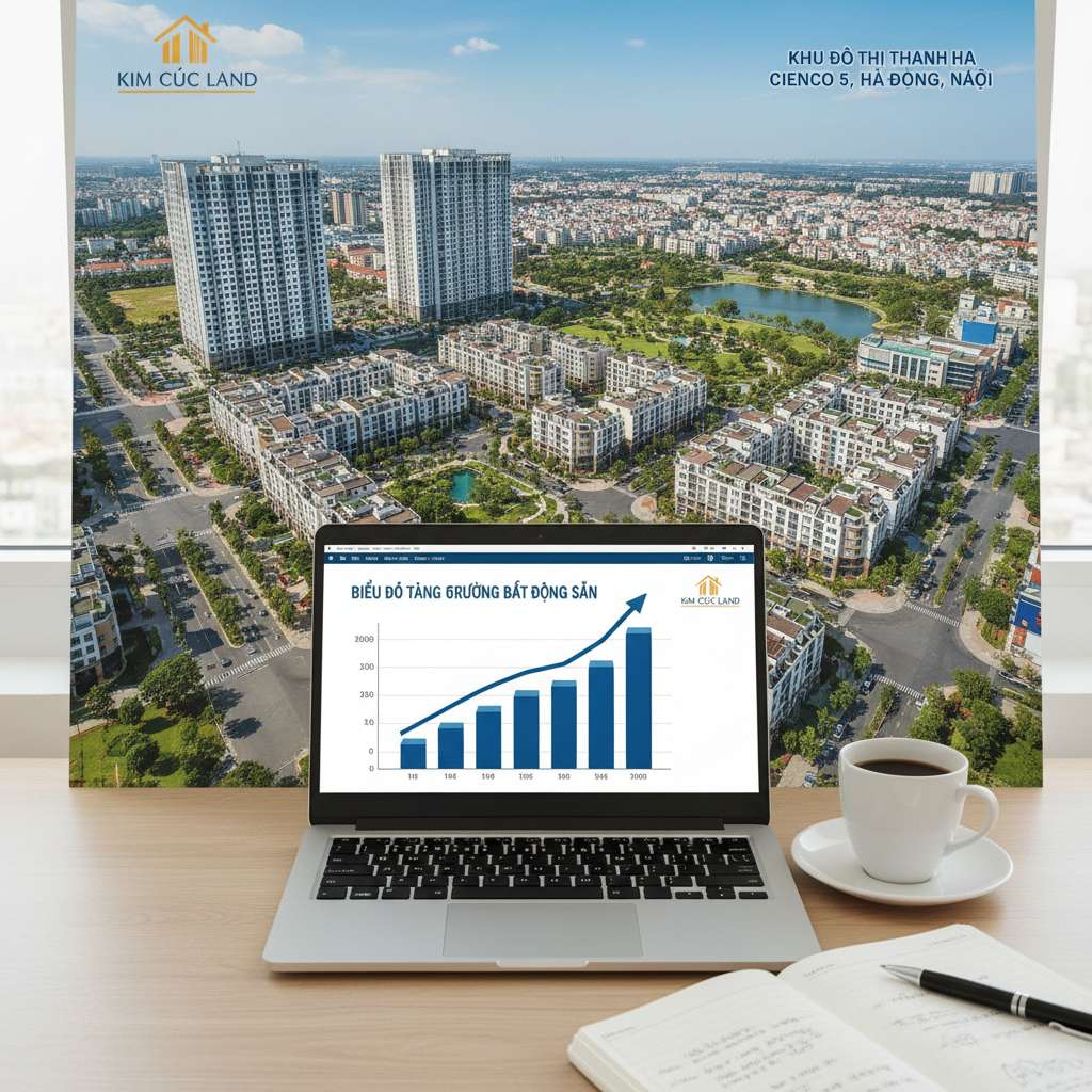 Bàn làm việc gọn gàng với laptop đang hiển thị biểu đồ bất động sản tăng trưởng, bên cạnh là tách cà phê và cuốn sổ ghi chép. Ánh sáng tự nhiên từ cửa sổ chiếu vào, không gian làm việc chuyên nghiệp. Phong cách flat lay nhiếp ảnh, tông màu ấm, chất lượng 4K.