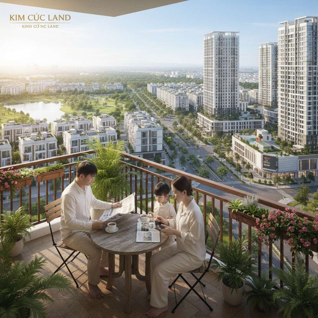 Gia đình trẻ Việt Nam ngồi trên ban công căn hộ vào buổi sáng sớm, uống cà phê và đọc báo. Ánh nắng sớm dịu nhẹ chiếu vào, cây xanh trong chậu trang trí lan can, phía xa là bầu trời trong xanh. Góc chụp ấm cúng, lifestyle, chất lượng 4K.