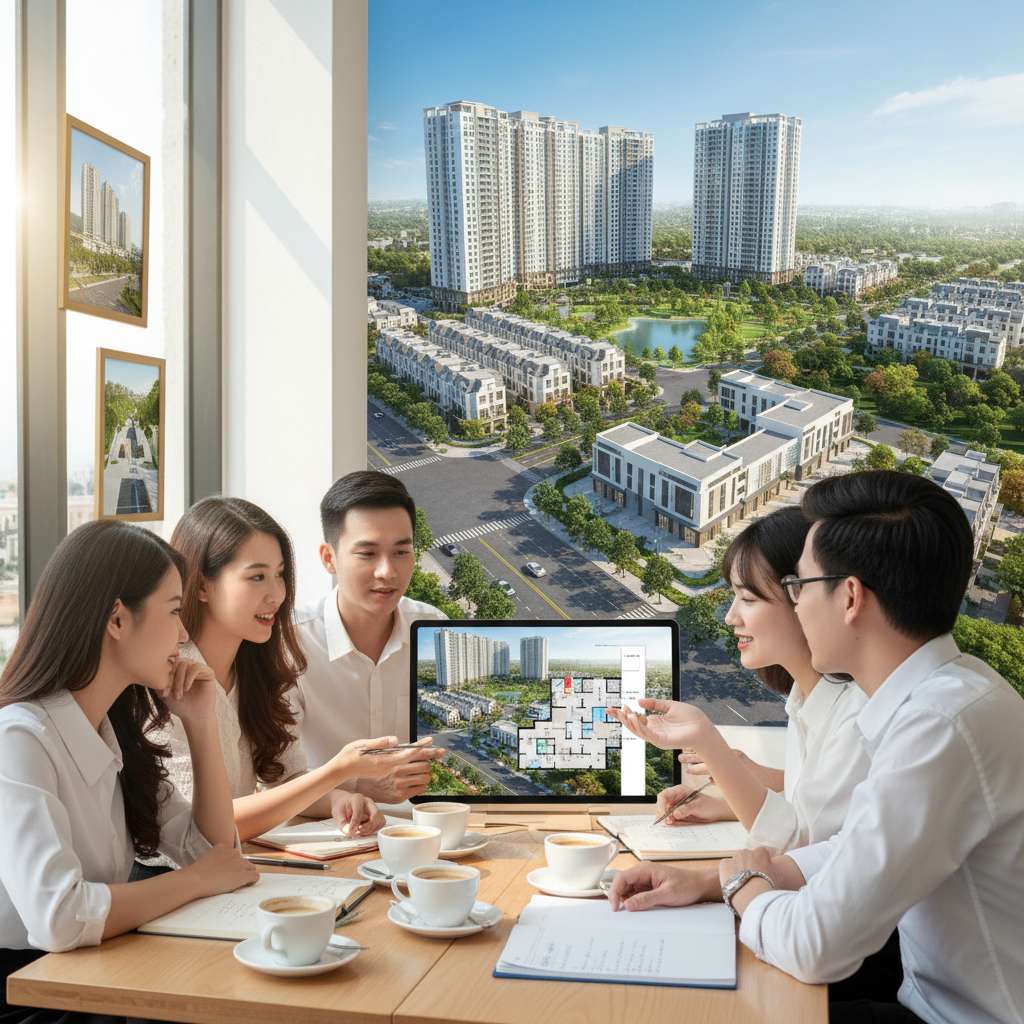 Nhóm bạn trẻ Việt Nam đang cùng nhau xem mặt bằng căn hộ trên iPad trong quán cà phê sáng sủa, thảo luận sôi nổi. Trên bàn có ly cà phê, giấy ghi chú và bút. Ánh sáng tự nhiên, không khí trẻ trung, năng động. Phong cách lifestyle, chất lượng 4K.