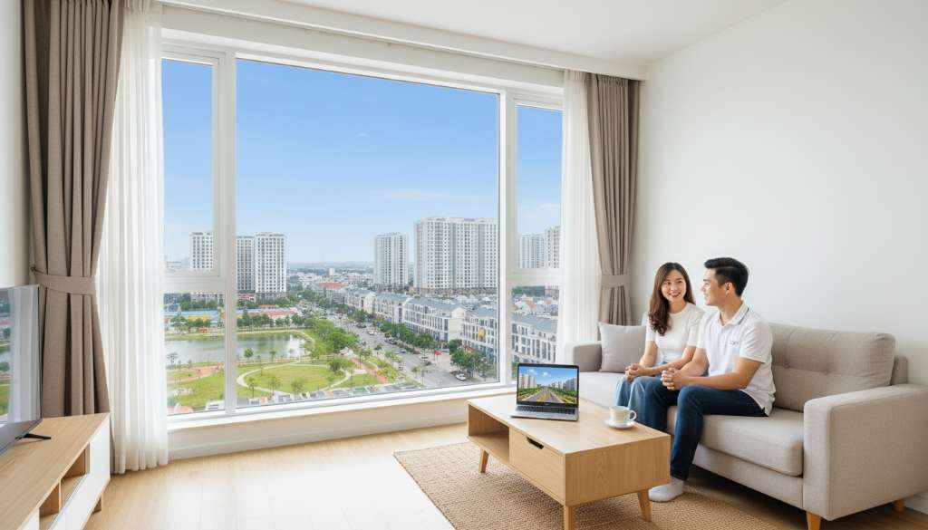 Cặp vợ chồng trẻ Việt Nam đang ngồi trong phòng khách căn hộ chung cư sáng sủa, nội thất tối giản hiện đại, cửa sổ kính lớn đón ánh sáng tự nhiên. Trên bàn có laptop và tách cà phê. Không gian ấm cúng, tông trắng – gỗ sáng, phong cách chụp lifestyle tự nhiên, 4K.