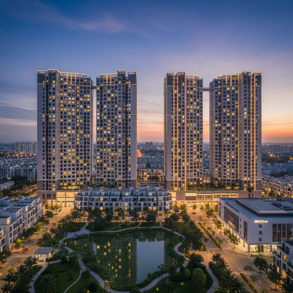 Hai tòa chung cư cao tầng đặt cạnh nhau trong khu đô thị, một tòa đông đúc sáng đèn ban đêm, tòa kia thoáng đãng hơn với khoảng cách giữa các tòa rộng rãi. Ánh đèn vàng ấm áp, trời chạng vạng, phong cách chụp kiến trúc đô thị, 4K.