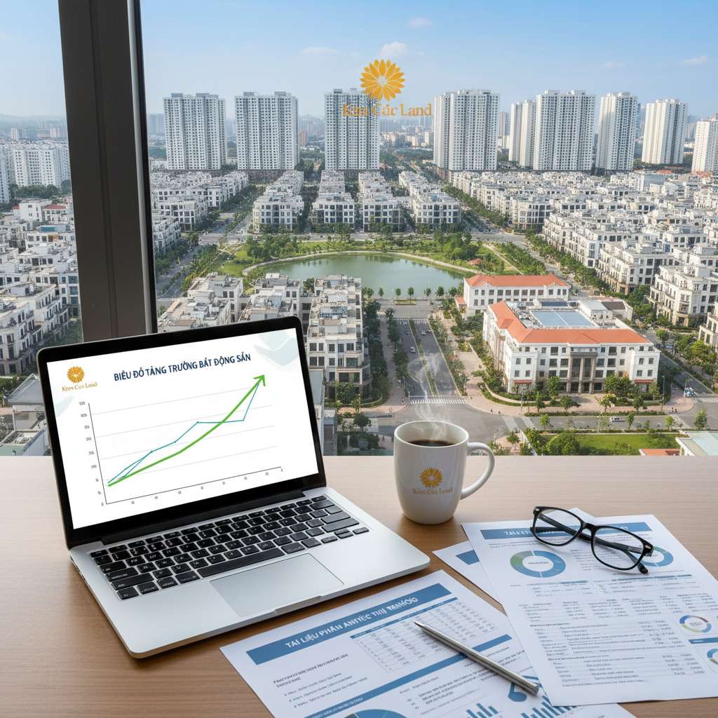 Bàn làm việc chuyên nghiệp với màn hình laptop hiển thị biểu đồ tăng trưởng bất động sản đi lên, bên cạnh có tách cà phê và tài liệu phân tích thị trường. Ánh sáng ấm, không gian văn phòng hiện đại, phong cách chụp business lifestyle, 4K.