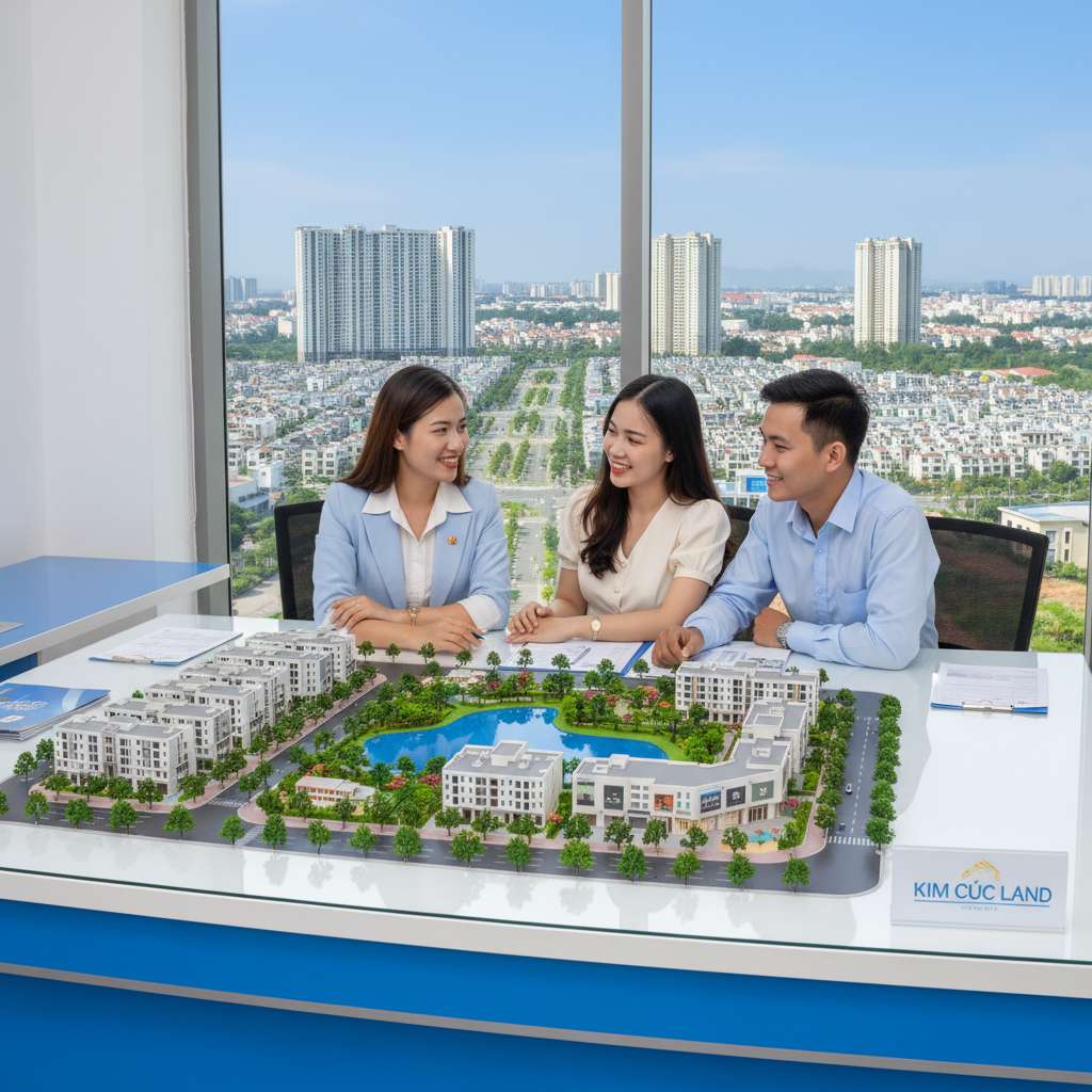 Nhân viên tư vấn bất động sản nữ mặc áo sơ mi chuyên nghiệp đang trò chuyện tận tình với cặp vợ chồng trẻ tại bàn tư vấn, trên bàn có tài liệu và mô hình thu nhỏ khu dân cư. Không gian văn phòng sáng sủa, tông trắng – xanh dương nhạt, phong cách chụp doanh nghiệp thân thiện, 4K.