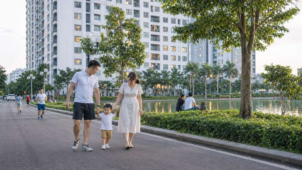 Gia đình trẻ dạo bộ buổi chiều trong khu đô thị xanh