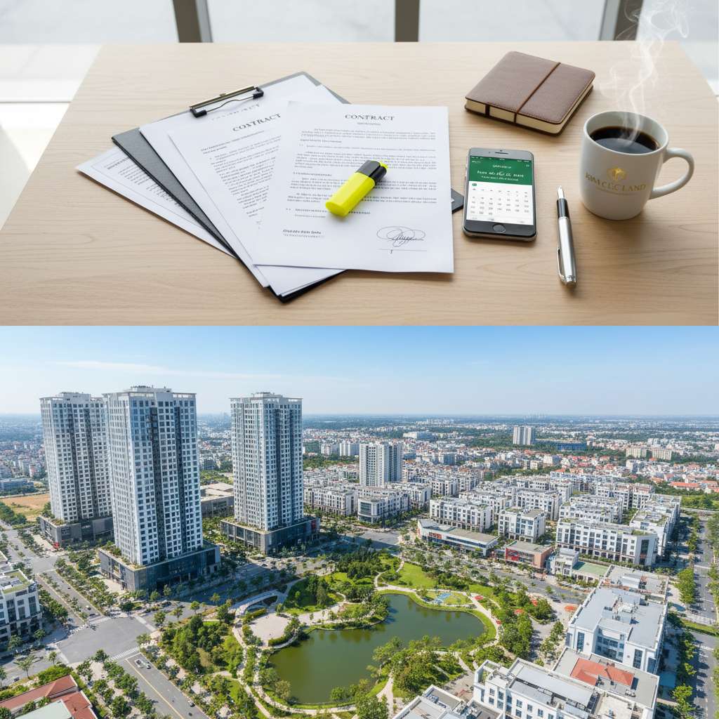 Góc chụp từ trên xuống một bàn làm việc ngăn nắp với các tài liệu pháp lý được sắp xếp theo thứ tự, bút highlight màu vàng đánh dấu trên hợp đồng, điện thoại hiển thị lịch hẹn, tách cà phê bên cạnh. Phong cách flat lay chuyên nghiệp, ánh sáng tự nhiên mềm mại, chất lượng 4K.