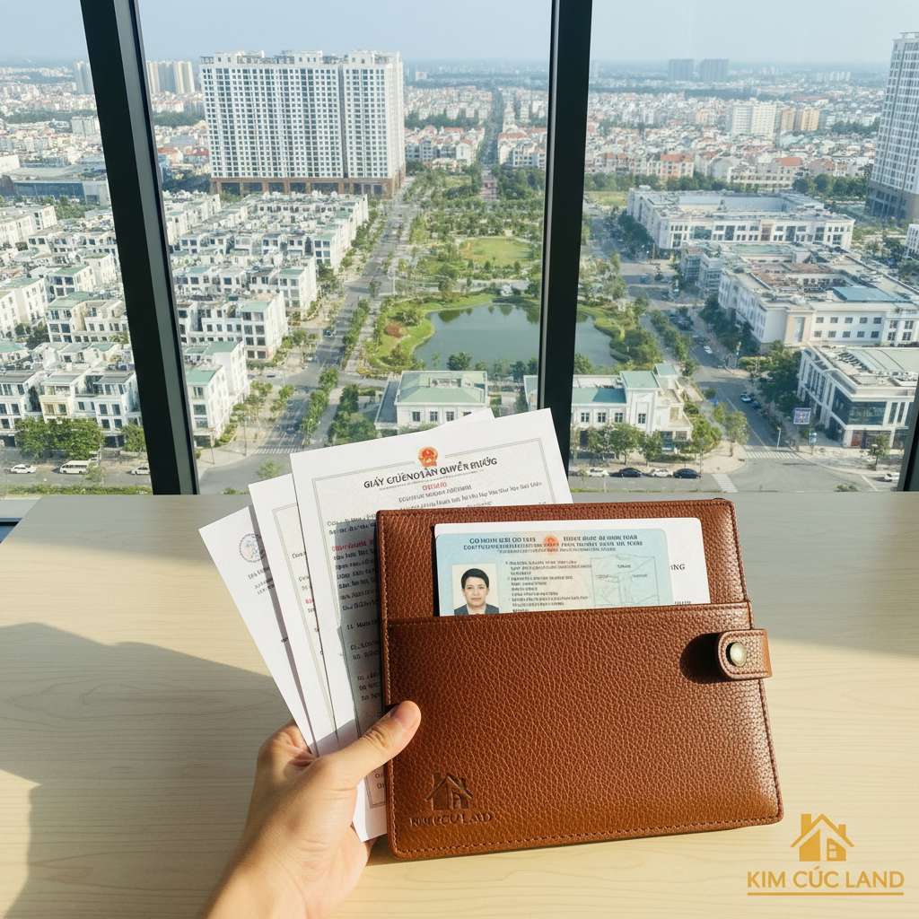 Bàn tay cầm một tập tài liệu gồm giấy chứng nhận quyền sở hữu, căn cước công dân và hợp đồng, được sắp xếp gọn gàng trong bìa hồ sơ da nâu. Nền bàn gỗ sáng, ánh sáng tự nhiên ấm áp, góc chụp nghiêng 30 độ, phong cách chụp sản phẩm chuyên nghiệp 4K.