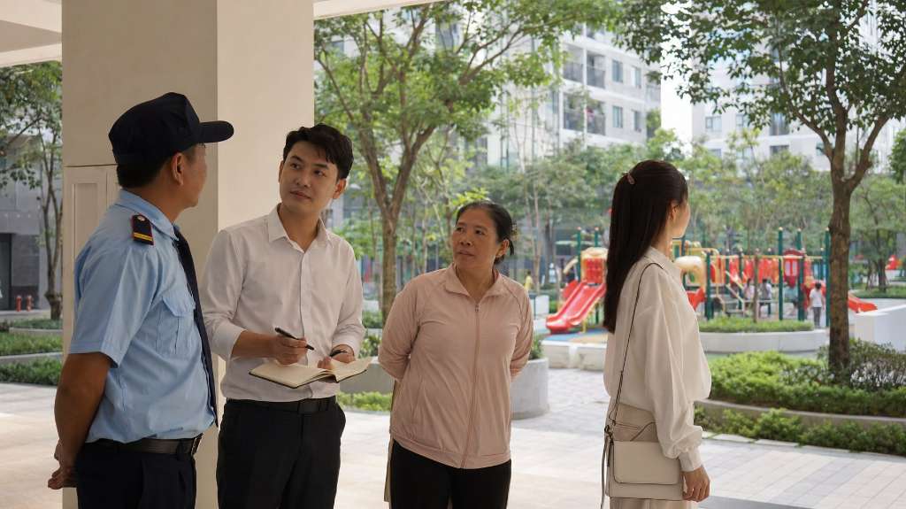 Cư dân trò chuyện thân thiện với bảo vệ khu đô thị