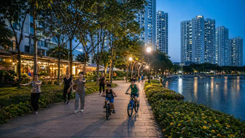 Người dân dạo bộ và đạp xe bên hồ về đêm