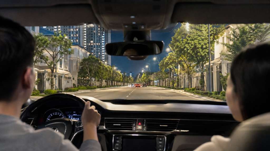 Đôi vợ chồng lái xe dạo quanh khu đô thị Thanh Hà về đêm