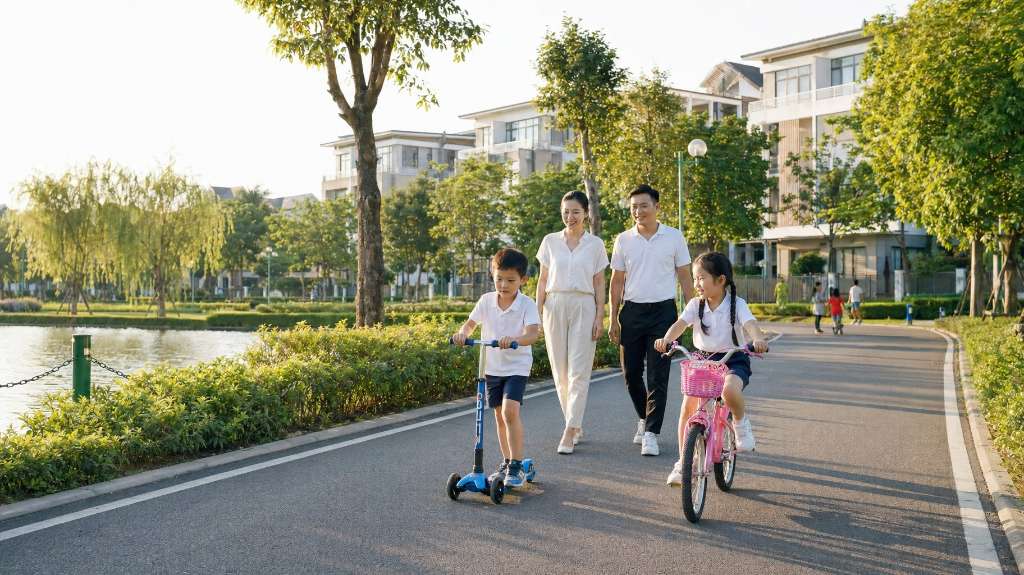 Gia đình vui chơi cuối tuần trên đường dạo bộ Thanh Hà