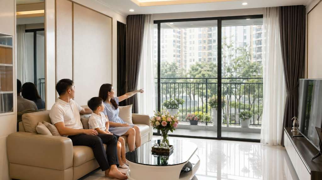 Gia đình trẻ ngắm nhìn căn hộ tại khu đô thị Thanh Hà