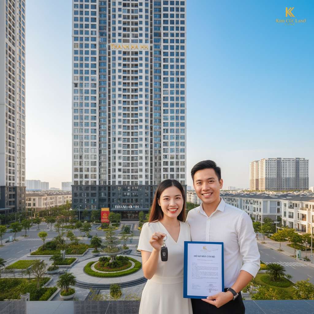 Một cặp vợ chồng trẻ Việt Nam khoảng 30 tuổi đứng trước sảnh tòa chung cư Thanh Hà, tay cầm bộ hồ sơ mua căn hộ và chìa khóa xe ô tô, nét mặt vui vẻ, phía sau là tòa chung cư HH cao tầng với mặt tiền kính hiện đại, khu vực sảnh có cây xanh trang trí, ánh nắng chiều nhẹ, góc chụp chân dung bán thân.